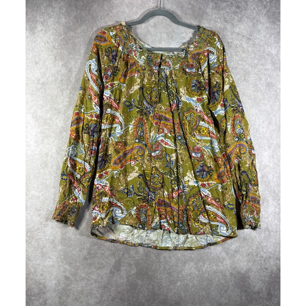 Fat Face Blouse Women 6 Olive Green Paisley Boho Smocked Cuffs Peasant Top